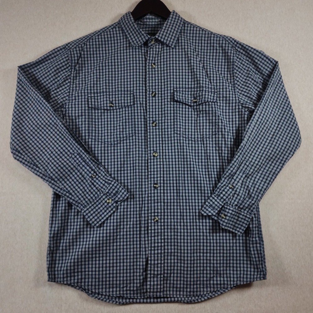 Aigle Mens Plaid Button Down Shirt Large Utility Pocket Cotton Navy Blue Sleeve